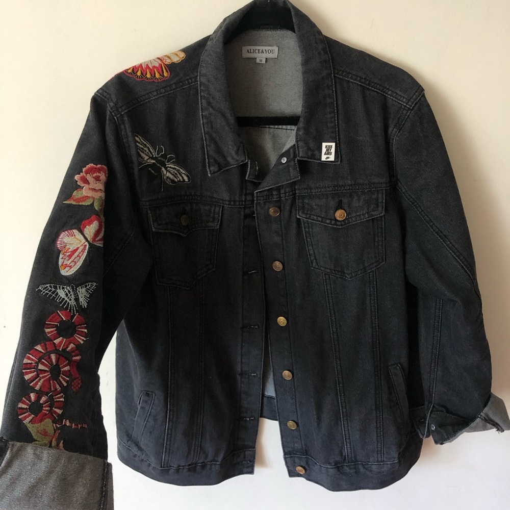 Oversized Black Jean Jacket with Embroidery